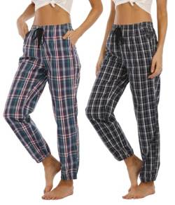 MoFiz Schlafanzughose Damen Lang Karierte Pyjamahose Baumwolle Nachtwäsche Atmungsaktiv Freizeithose 2 Pack-3606 L von MoFiz