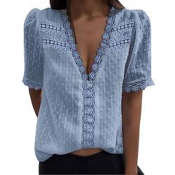 Damen Bluse Boho Spitze T-Shirt - V-Ausschnitt Italienische Mode Tunika, Elegant Frühling Tops Sommer Oberteile mit Lochstickerei Bluse Festliche Blusen Damen Zur Hochzeit Blau S von Mobanna