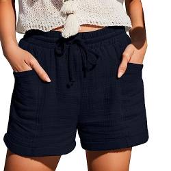 Mobanna Baggy Shorts Damen - mit Gummizug Bermuda Shorts Damen, Sommer Mode Shorts Lässige Musselin Hose mit hoher Taille Gerades Bein Sport Lockere Baumwolle Leinen Shorts Kurze Hose Marineblau L von Mobanna