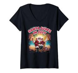 Damen Santa Surfs im Juli - Weihnachten im Juli Strandparty T-Shirt mit V-Ausschnitt von Mocking Merch