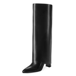 Modatope Kniehohe Stiefel Frauen Falten über Knie Hohe Stiefel Chunky High Heels Lange Stiefel Reißverschluss Spitze Zehe Kleid Hohe Stiefel für Frauen, Schwarz (Black Pu), 42 EU von Modatope