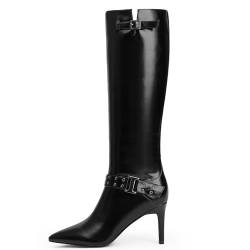 Modatope Kniehohe Stiefel für Damen, hohe Stiefel, spitzer Zehenbereich, Stiletto-High-Heel-Stiefel, Herbststiefel, kniehoch für Damen, Schnallenstiefel, kniehoch, seitlicher Reißverschluss, lange von Modatope