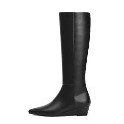 Modatope Kniehohe Stiefel mit Keilabsatz für Damen, spitzer Zehenbereich, trendig und bequem, Schwarz, 38.5 EU von Modatope