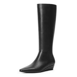 Modatope Kniehohe Stiefel mit Keilabsatz für Damen, spitzer Zehenbereich, trendig und bequem, Schwarz, 40.5 EU von Modatope