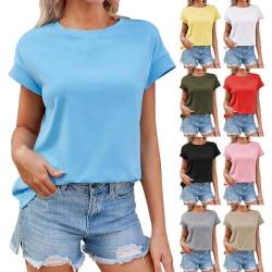 Modaworld Tshirt Damen Sommer Oberteile Rundhals Bluse Kurzarm Plissee Tunika Casual Elegant Oberteil Tops von Modaworld