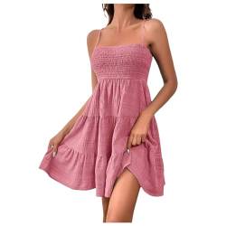 Sommerkleid Damen Kuerz Sexy Spaghettiträger Freizeitkleid Sommer Leichte Strandkleid Lässig Ärmellos Minikleid Hohe Taille Mini Dress A-Linie Kleid Einfarbig Swing Kleider von Modaworld