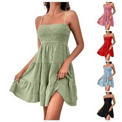 Sommerkleid Damen Kuerz Sexy Spaghettiträger Freizeitkleid Sommer Leichte Strandkleid Lässig Ärmellos Minikleid Hohe Taille Mini Dress A-Linie Kleid Einfarbig Swing Kleider von Modaworld