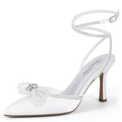 Mofri Damen High Heels Geschlossene Zehen Absätze Verstellbare Strass Knöchelriemen Pumps Perle Schleife Heels Hochzeit High Heels Braut Party Kleid Schuhe Sandalen, Elfenbeinfarbenes Satin, 37 EU von Mofri