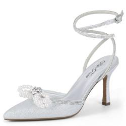 Mofri Damen High Heels Geschlossene Zehen Absätze Verstellbare Strass Knöchelriemen Pumps Perle Schleife Heels Hochzeit High Heels Braut Party Kleid Schuhe Sandalen, Silber glänzend, 37 EU von Mofri