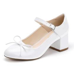 Mofri ShowHow Damen Kleid Mary Jane Chunky Heels Runde Zehen Pumps Schuhe mit Schleife für Hochzeit Büro Tanzen, weiße Lacklederoptik, 41 EU von Mofri