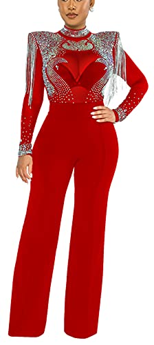 Molilove Damen Sexy Jumpsuit Casual Mode Slim High Neck Durchsichtig Fransen Jumpsuit, rot, X-Large von Molilove