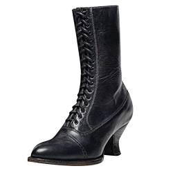 Momolaa Kurzschaft Damen Absatz Überkreuzte Zehen Stretch Vintage Schnürstiefel Ferse Spitze Schuhe Gothic Hohe Damenstiefel (Black, 39) von Momolaa