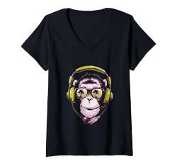 Damen DJ Geschenk Musik Music Männer DiscJockey Disc Jockey T-Shirt mit V-Ausschnitt von Monkey DJ Tshirt Herren Damen Kopfhörer Discjockey