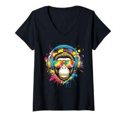 Damen Monkey DJ Geschenk Affe Mit Kopfhörer Party Konzert Natur T-Shirt mit V-Ausschnitt von Monkey DJ Tshirt Herren Festival Party Feiern Affe