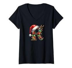 Damen Red Christmas Plaid Initial R Monogrammed Santa Hat Letter R T-Shirt mit V-Ausschnitt von Monogram Initial Letter Christmas Matching Shirts