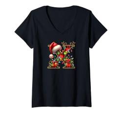 Damen Red Christmas Plaid Initial X Monogrammed Santa Hat Letter X T-Shirt mit V-Ausschnitt von Monogram Initial Letter Christmas Matching Shirts