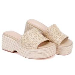 Monrovia Damensandalen für Frauen 2024 Plateau Wedges Sandalen Slides Espadrilles Keilabsatz Baststrohhalme klobige Sandalen, Aprikosen-2, 38.5 EU von Monrovia