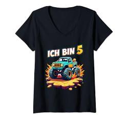 Damen Ich Bin 5 Children's 5 Years Old Birthday Junge Mädchen T-Shirt mit V-Ausschnitt von Monster Truck Design Tees