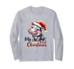 Moo Deng Baby Nilpferd My First Christmas Niedliche Nikolausmütze Langarmshirt von Moo Dang Baby Hippopotamus Funny Family 1st Xmas