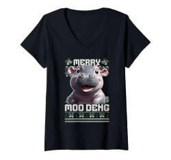 Damen Moo Deng Baby Nilpferd Hässlicher Weihnachtspullover Niedlicher Stil T-Shirt mit V-Ausschnitt von Moo Deng Baby Hippo Ugly Christmas Sweater Style