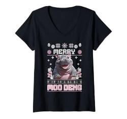 Damen Moo Deng Baby Nilpferd Ugly Christmas Sweater Family Look T-Shirt mit V-Ausschnitt von Moo Deng Baby Hippo Ugly Christmas Sweater Style