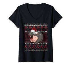 Damen Moo Deng Weihnachtsmütze Nilpferd Weihnachtsmütze hässlicher Pullover Xmas T-Shirt mit V-Ausschnitt von Moo Deng Christmas Matching Family Xmas