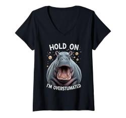 Damen Hold on I'm Overstimulated Baby Pygmy Hippopotamus Moo Deng T-Shirt mit V-Ausschnitt von Moo Deng Hippo Baby Pigmy Hippo tee