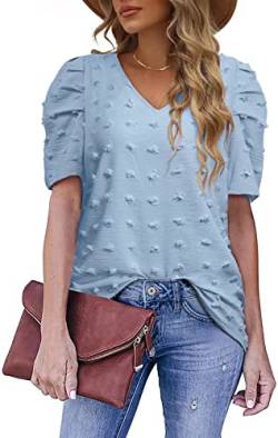 MorFansi Damen Puffärmel Bluse T-Shirt V-Ausschnitt Chiffon Elegant Swiss Dot Kurzarm Oberteile Casual Tunika Tops (Blau,L) von MorFansi