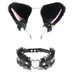 Stirnbänder, Katzenohren Stirnband Hasenohren Haar Hoop Set Herz Leder Choker Halskette Cosplay Niedliche Katzenohren Haarbänder Halskette von Morain