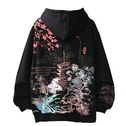 Ästhetischer japanischer Sakura-Kapuzenpullover für Damen und Herren, Y2K Anime Harajuku-Tuch, koreanische Kapuze, langärmeliges Sweatshirt für Winter und Herbst, Schwarz, 4XL von Mordelar