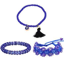 Morella Damen Armband Set 3 Armbänder mit Stoff Quasten und geschliffenen Glasperlen blau lila von Morella