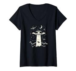 Damen Snowboard Novelty UFO Alien Abduction Fliegende Untertasse T-Shirt mit V-Ausschnitt von Mountain Snowboarding Essentials and Accessories