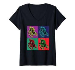 Damen Mountainbike Downhill Biker Retro Pop Kunst Filter Farben T-Shirt mit V-Ausschnitt von Mountainbike Abenteuerausrüstung Fahrrad Geschenk