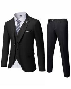 MrSure Herren 3-teiliger Anzugblazer, Slim Fit Smoking mit 2 Knöpfen, Jacke, Weste, Hose & Krawatte Set für Party, Hochzeit und Business, Schwarz, XL von MrSure