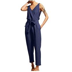 Mrat Damen-Latzhose, Baumwoll-Leinen-Jumpsuit mit weitem Bein, einfarbig, Overall, ärmellos, Haremshose, Schlinge, Playsuits, Baggy Bowknot Strampler mit Tasche, Overall für Frauen, UK-Party, 8100 - von Mrat