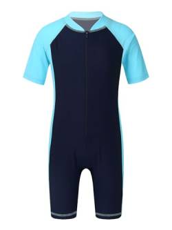 Mufeng Kinder Mädchen Badeanzug Einteiler Bademode Kurzarm Schwimmanzug mit Bein Neoprenanzug UV Schutz Schwimmen Badebekleidung A Marineblau Himmelblau B 122-128 von Mufeng