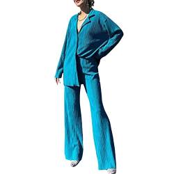 Damen 2 Stück Outfit Set Langarm Knopf unten plissiert Pullover Shirt Top und hohe Taille weites Bein Hosen Loungewear (Lake Blue, Small) von Mugoebu