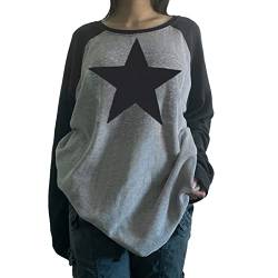 Mugoebu Damen Ästhetischer Vintage Pullover Sweatshirts Fairy Grunge Star gedruckt losen lässigen runden Hals Langarm Tops Herbst Streetwear (Black, Small) von Mugoebu