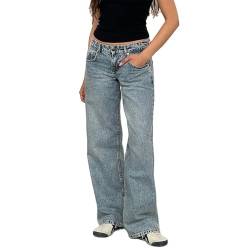 Mugoebu Damen Baggy-Jeans mit niedriger Taille, lockere, gerade Boyfriend-Jeans mit weitem Bein, lässige Jeanshose mit Taschen (Retro Blue, XS) von Mugoebu