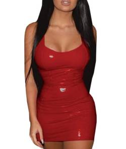 Mugoebu Damen Kunstleder Korsett Kleid Ärmellos Trägerlos Bodycon Mini PU Kleider Sexy Steampunk Clubwear (Red#2, S) von Mugoebu