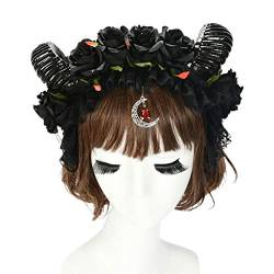 Haarband für Damen, Halloween, Gothic, Rüschen, Spitze, Stirnband, Rose, Schaf, Horn, Mond, Anhänger, Haarreifen von Mumuve