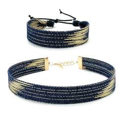 Mumuve Halsketten für Frauen, verstellbare Denim-Armbänder, Stern-Armreifen, handgefertigt, bunte Kordel, Handketten, Schmuck für Liebhaber, 2 Stück, 1.0-1.6cm/0.39-0.62inches, Denim von Mumuve