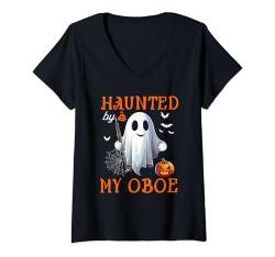 Damen Haunted By My Oboe Halloween Boo Ghost Funny Instrument T-Shirt mit V-Ausschnitt von Musical, Musician Halloween Costume