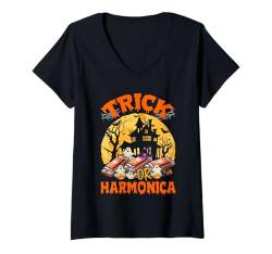 Damen Trick Or Harmonica Halloween Moon Costume Funny Instruments T-Shirt mit V-Ausschnitt von Musical, Musician Halloween Costume