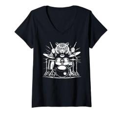 Damen Drumming Tiger Drummer Drums Music Rock Band T-Shirt mit V-Ausschnitt von Musician Animals Co.