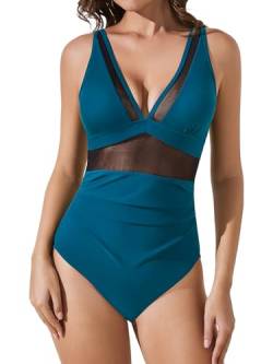 Muwodkdn Damen Badeanzug Push Up Sexy Mesh Einteiler Bademode V Ausschnitt Monokinis Mit Shaping Effekt Schwimmanzug High Waisted Badeanzuge Blau M von Muwodkdn