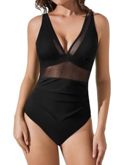 Muwodkdn Damen Badeanzug Push Up Sexy Mesh Einteiler Bademode V Ausschnitt Monokinis Mit Shaping Effekt Schwimmanzug High Waisted Badeanzuge Schwarz S von Muwodkdn