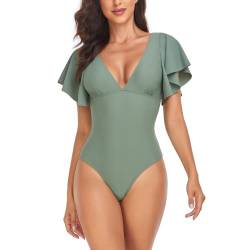 Muwodkdn Damen Badeanzug V Ausschnitt Rüschen Einteilige Badeanzüge Tummy Control Bauchweg One Piece Push Up Bademode Raffung Monokinis Plus Size Badebekleidung Grün M von Muwodkdn