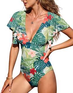 Muwodkdn Damen Badeanzug V Ausschnitt Rüschen Einteilige Badeanzüge Tummy Control Bauchweg One Piece Push Up Bademode Raffung Monokinis Plus Size Badebekleidung Grüne Blume S von Muwodkdn