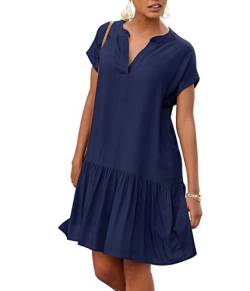 Muwodkdn Damen Kleider Blusenkleid mit Volant am Rock V-Ausschnitt Elegant Kleid A-Linie Kleid Strandkleid Lockeres Kaftankleid für den Sommer Navy blau L von Muwodkdn